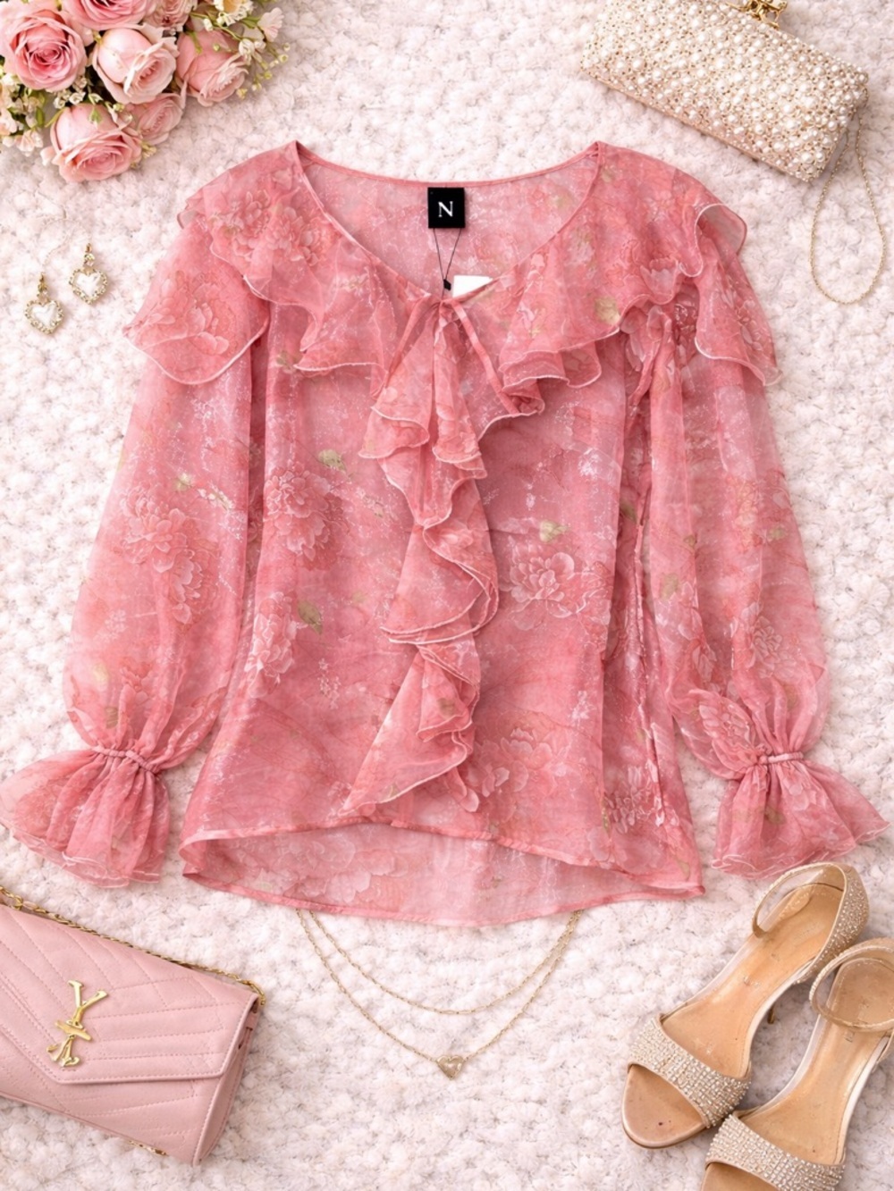 N by Nancy Pink Ruffle Blouse Sheer Metallic Floral Print Long Sleeve Top NWT S